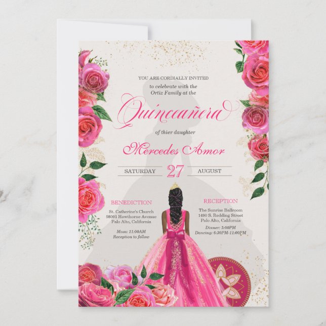 Extravagante Charra Pink Gold Rose Land Quinceaner Einladung (Vorderseite)