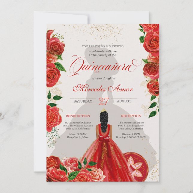 Extravagante Charro Rote Rosen Quinceanera Einladu Einladung (Vorderseite)