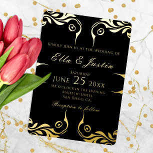 Extravagante Chic Imitate Gold Border on Black Wed Folieneinladung