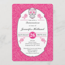 Extravagante Damast-Schädel-Rosa Quinceañera Einladung