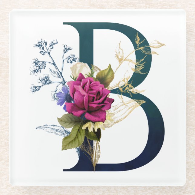 Extravagante florale Monogramm Letter B Glasuntersetzer (Vorderseite)