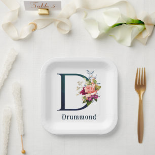Extravagante florale Monogramm Letter D Custom Wed Pappteller