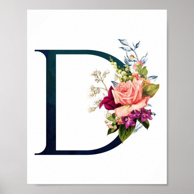 Extravagante florale Monogramm Letter D Poster (Vorne)