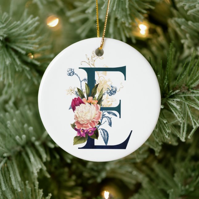 Extravagante florale Monogramm Letter E Keramik Ornament (Baum)