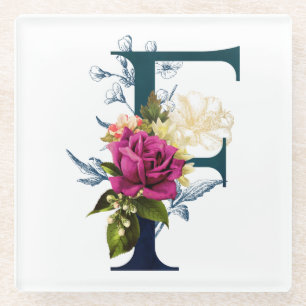 Extravagante florale Monogramm Letter F Glasuntersetzer