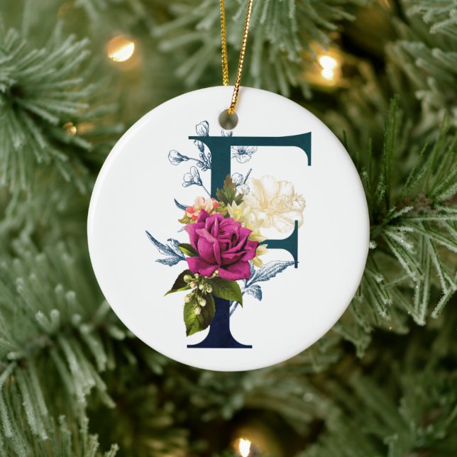 Extravagante florale Monogramm Letter F Keramik Ornament (Baum)