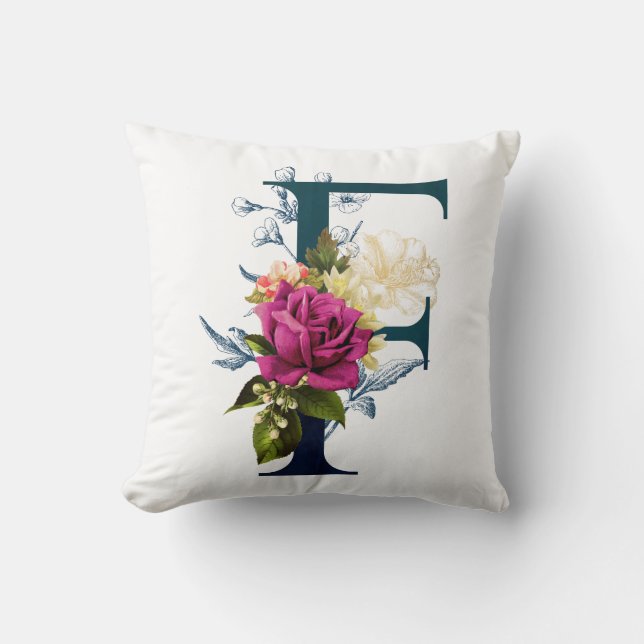 Extravagante florale Monogramm Letter F Kissen (Vorderseite)