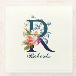 Extravagante florale Monogramm Letter R Glasuntersetzer