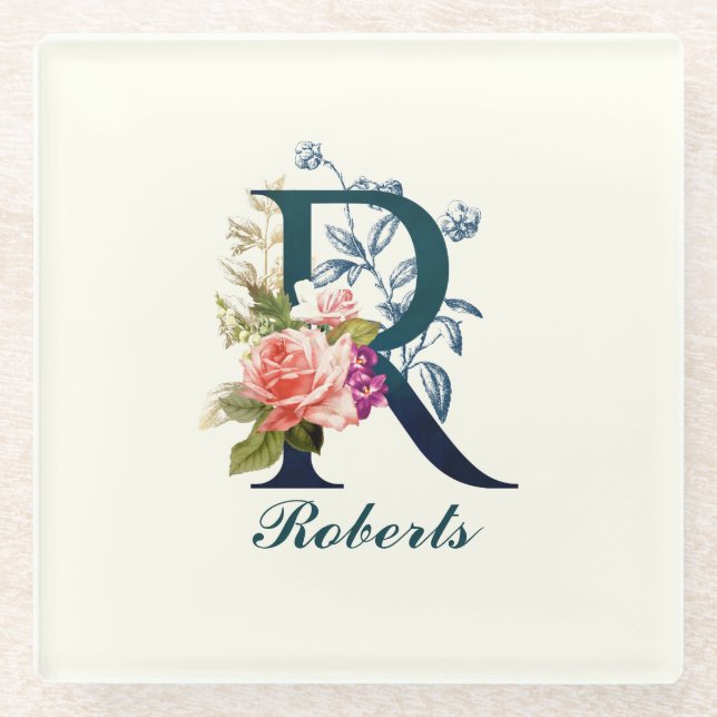 Extravagante florale Monogramm Letter R Glasuntersetzer (Vorderseite)