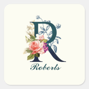 Extravagante florale Monogramm Letter R Quadratischer Aufkleber