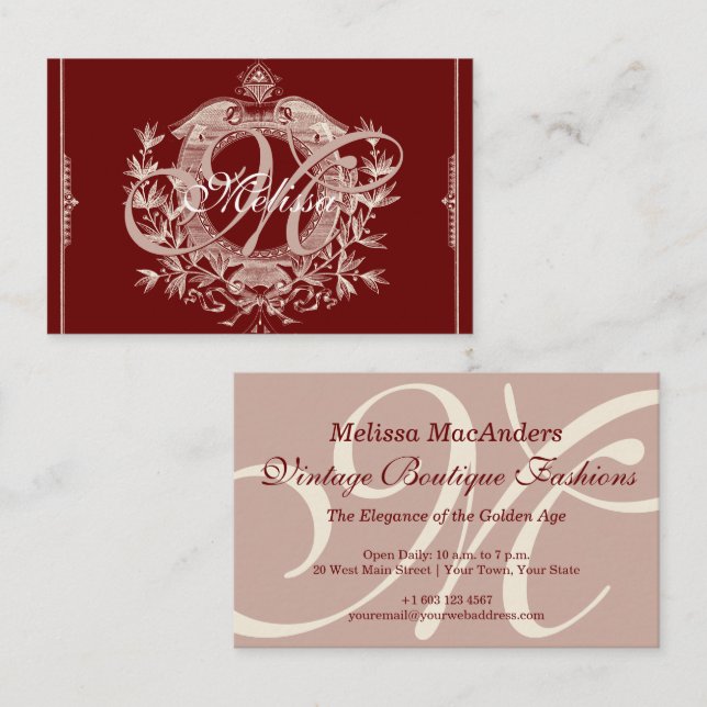 Extravagante französische Monogram Burgundy Vintag Visitenkarte (Vorne/Hinten)