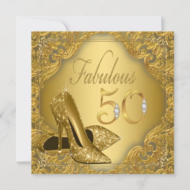 Extravagante Gold High Heel Fabulous 50. Geburtsta Einladung (Vorderseite)