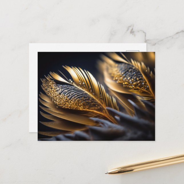 Extravagante goldene Dekorationsfedern Postkarte (Vorderseite/Rückseite Beispiel)