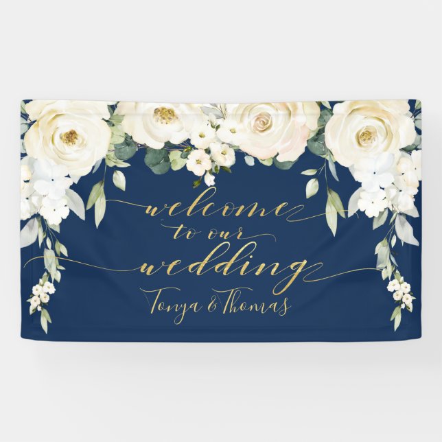 Extravagante Goldkalligrafie der White Peony Navy Banner (Horizontal)
