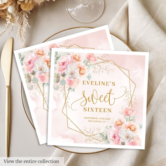 Extravagante, hellrosa Goldbäuche 16 . Geburtstag  Serviette (Fancy light pink gold peonies sweet sixteen napkins

)
