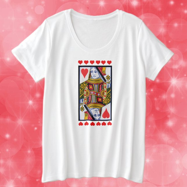 Extravagante Herzkönigin auf Karte Rotes Herz spie Große Größe T-Shirt (Heart Queen colourful and ornate playing card with red hearts on white plus sized womans tee shirt.)