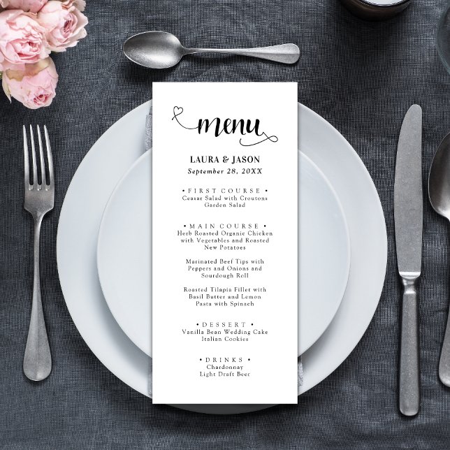 Extravagante Kalligrafie Script Rustikale Hochzeit Menükarte (Fancy calligraphy script rustic wedding menus add romantic charm and guide guests through your meal.)