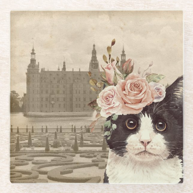 Extravagante Katze & Burg Glasuntersetzer (Vorderseite)