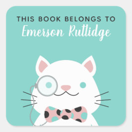 Extravagante Katze | Türkis Dieses Buch gehört Quadratischer Aufkleber