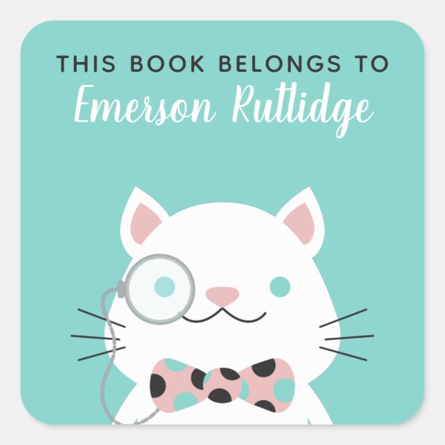 Extravagante Katze | Türkis Dieses Buch gehört Quadratischer Aufkleber (Vorderseite)