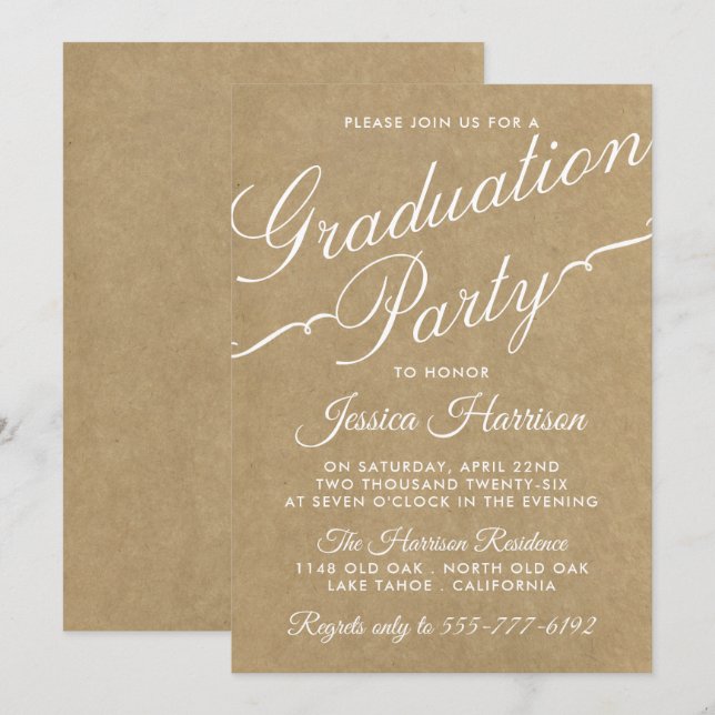 Extravagante Kraft Typografy Graduation Party Einladung (Vorne/Hinten)