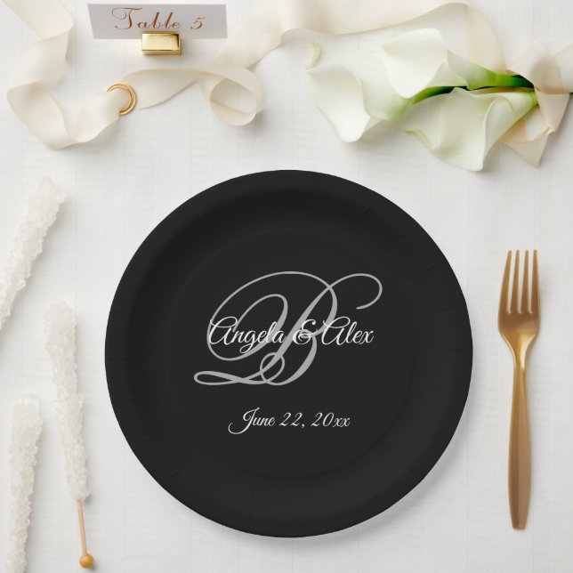 Extravagante Monogramm-Hochzeit in Weiß und Schwar Pappteller (Hochzeit)