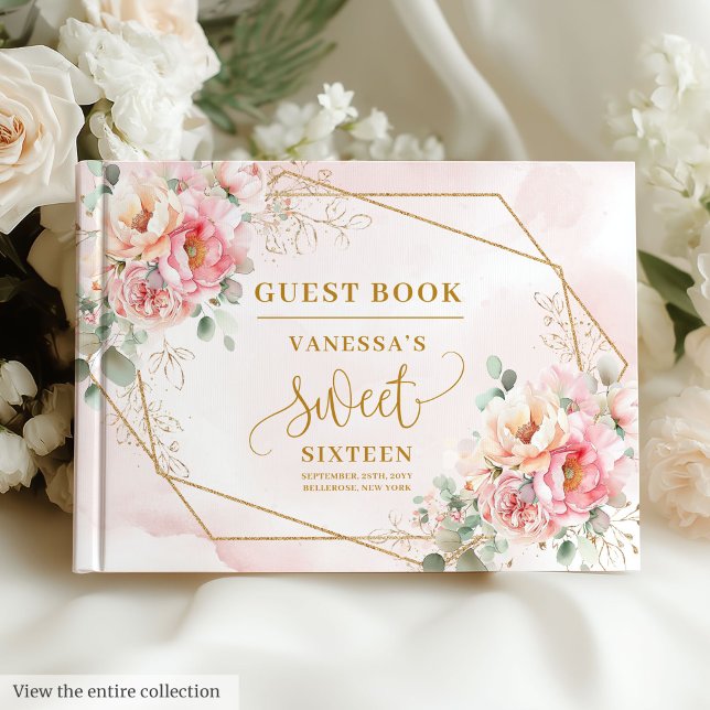Extravagante Pastete Rosa Sage Gold Floral 16 . Ge Gästebuch (Fancy Pastel Pink Sage Gold Floral Sweet Sixteen Guest Book)