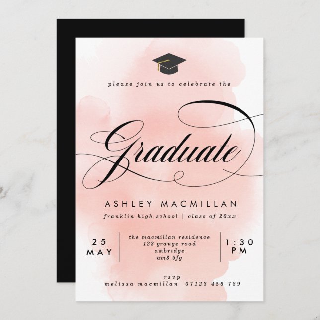 Extravagante Pink Watercolor Wash Graduation Party Einladung (Vorne/Hinten)