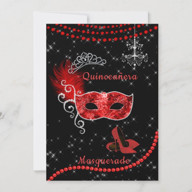 Extravagante Quinceanera Rot und Silbermaskade Einladung (Vorderseite)