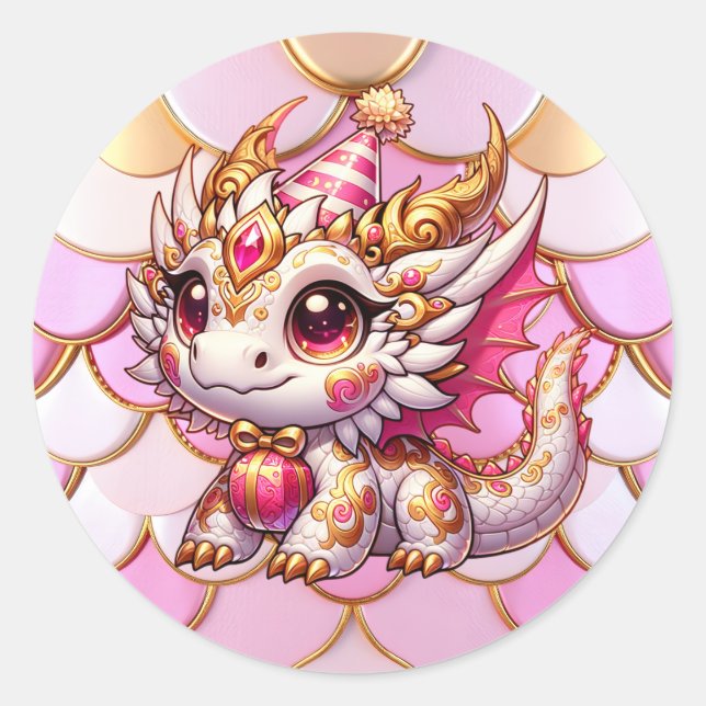 Extravagante Rosa und Gold Dragon Girl's Birthday Runder Aufkleber (Vorderseite)