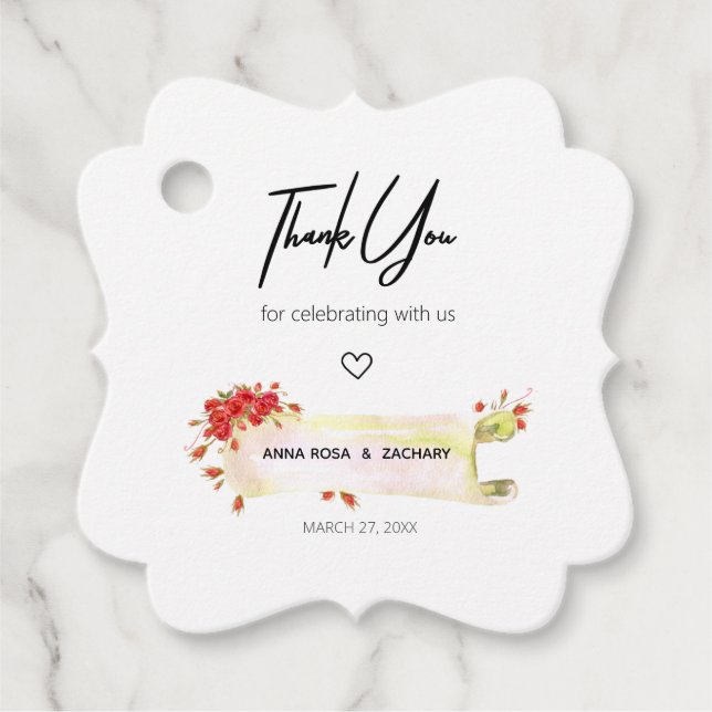 *~* Extravagante Rote Rose Blumenkohle Blume Danke Geschenkanhänger (Vorderseite)