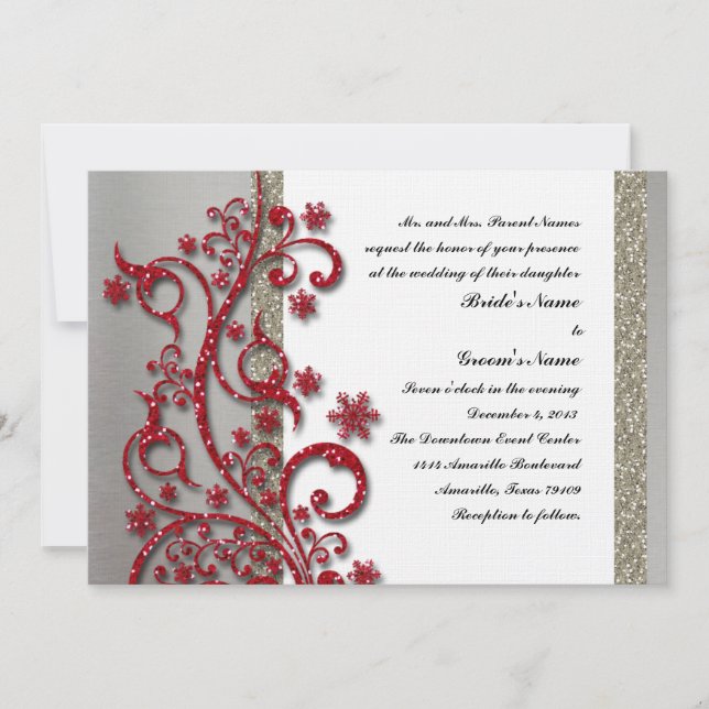 Extravagante Silver Red Winter Hochzeit Einladung (Vorderseite)