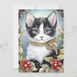 Extravagante Tuxedo Cat Winter Flora Rahmen Feiertagskarte