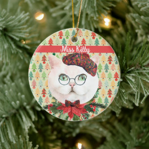 Extravagante weiße Katze und Poinsettia Custom Keramik Ornament