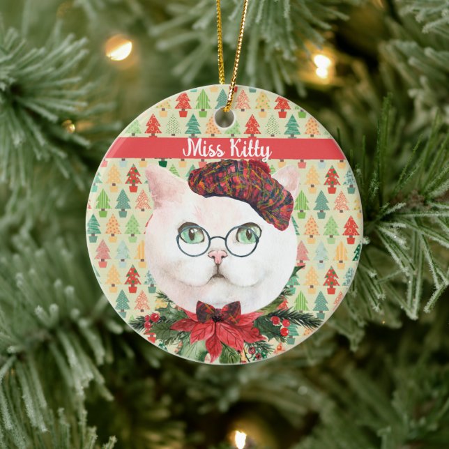 Extravagante weiße Katze und Poinsettia Custom Keramik Ornament (Baum)