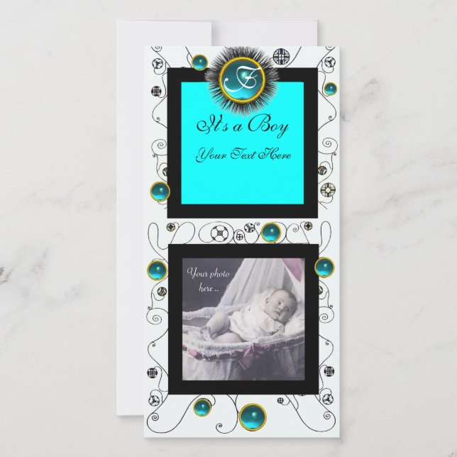 EXTRAVAGANTE WIRBEL BABY BOY MONOGRAM, Aquamarine  Ankündigung (Vorderseite)