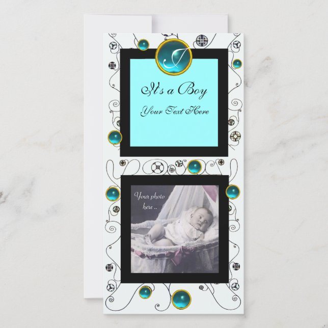 EXTRAVAGANTE WIRBEL BABY BOY MONOGRAM, Aquamarine  Ankündigung (Vorderseite)