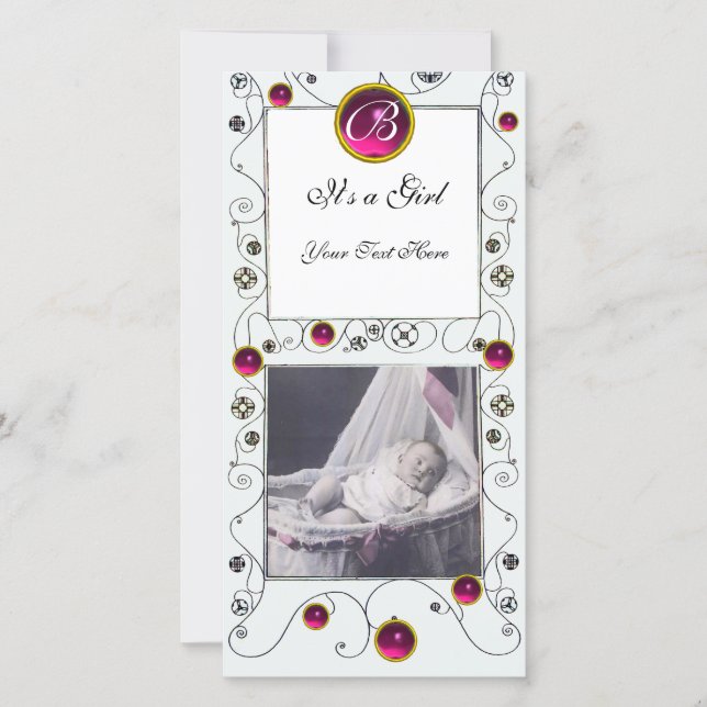 EXTRAVAGANTE WIRBEL BABY GIRL MONOGRAM, rubinweiß Ankündigung (Vorderseite)