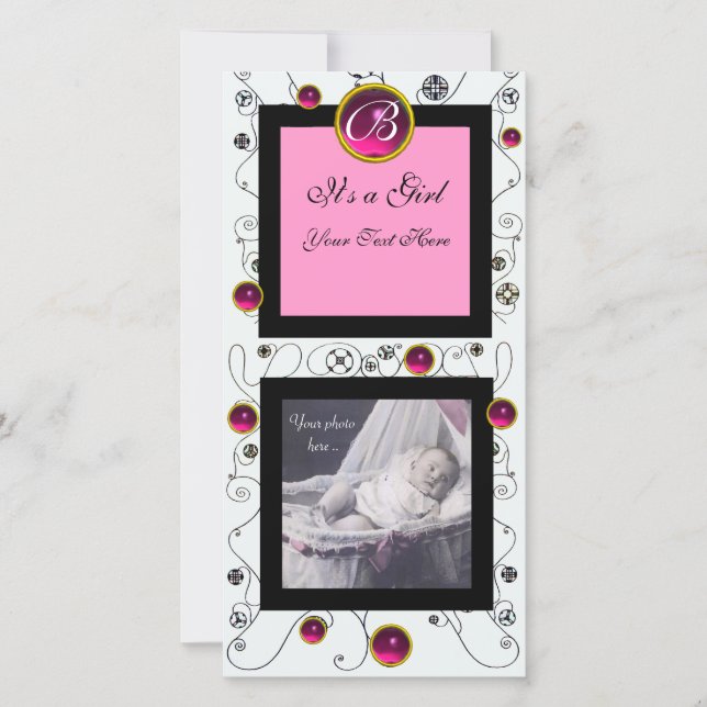 EXTRAVAGANTE WIRBEL BABY GIRL MONOGRAM, rubinweiß Ankündigung (Vorderseite)