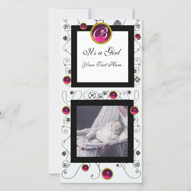 EXTRAVAGANTE WIRBEL BABY GIRL MONOGRAM, rubinweiß Ankündigung (Vorderseite)