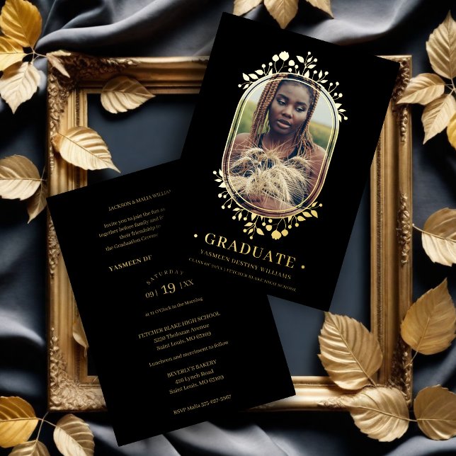 Extravaganter botanischer Oval Rahmen Golden Effek Folieneinladung (Graduate Fancy Botanical Oval Frame Golden effect Real Metallic Foil Invitation Card.)