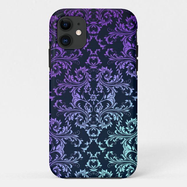 Extravaganter Damask Aquamarin Blau Lila Case-Mate iPhone Hülle (Rückseite)