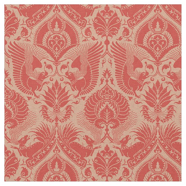 Extravaganter Damast mit Tieren, Korallenrot Stoff (Nahaufnahme)