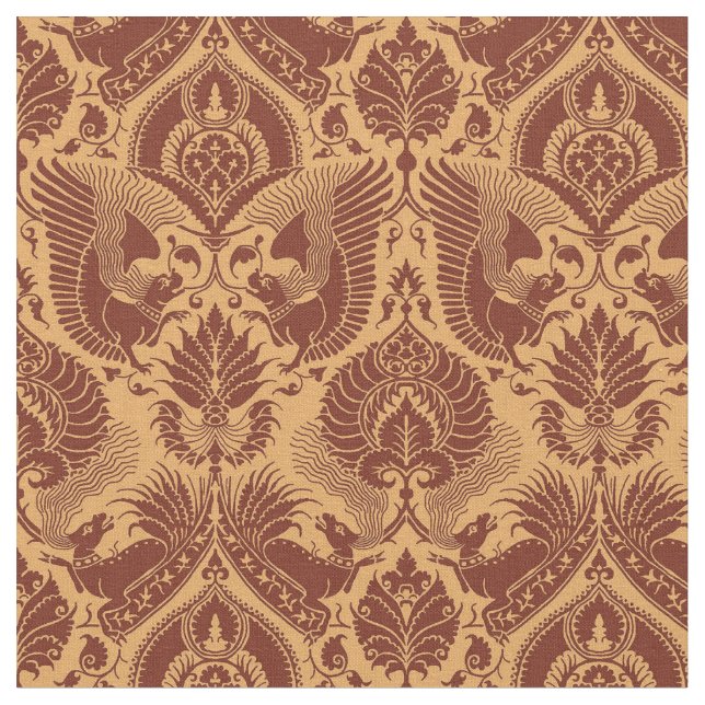 Extravaganter Damast mit Tieren, Tawny Red Stoff (Nahaufnahme)