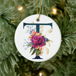 Extravaganter floraler Monogramm Buchstabe T Perso Keramik Ornament
