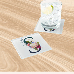 Extravaganter floraler Monogramm Letter S Glasuntersetzer