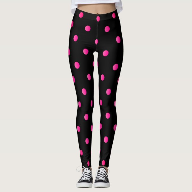 Extravaganter Hot Pink und schwarzer Retro-Polka-D Leggings (Vorderseite)