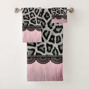 Extravaganter Leopard und Spitzen mit rosa Blüte Badhandtuch Set
