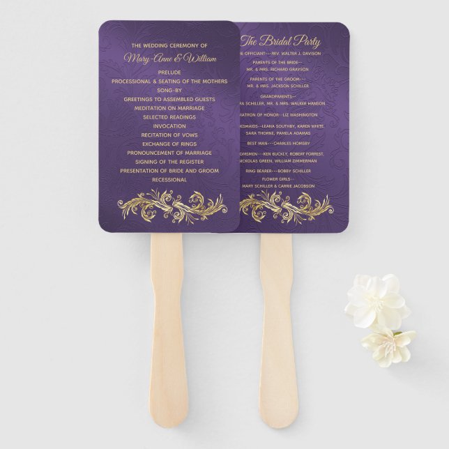 Extravaganter Lila Damaskus-Hochzeitslüfter Fächer (Vorne und Hinten)