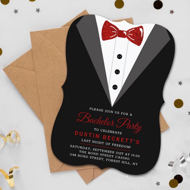 Extravaganter Red Glitzer Tuxedo Bachelor Party Einladung (Von Creator hochgeladen)